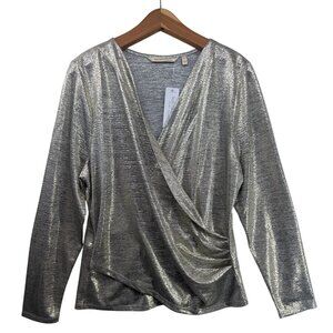 Soft Surrounding Women Wrap Top Sz XL Stella Foil Silver Metallic Glam Bling NWT